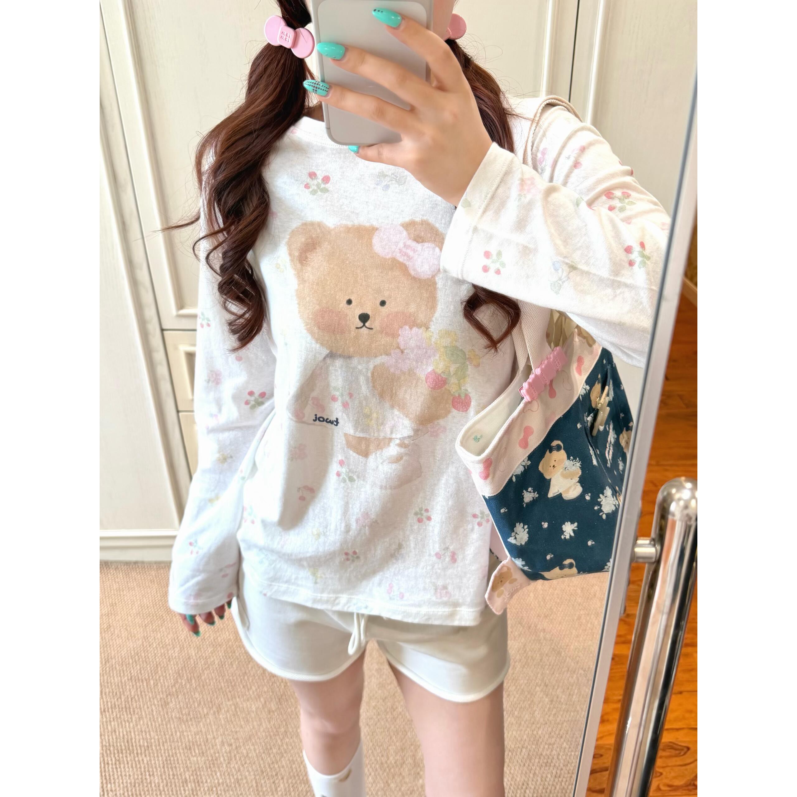 Y2K软妹蝴蝶结小熊碎花长袖T恤女日系可爱薄款宽松防晒罩衫上衣女