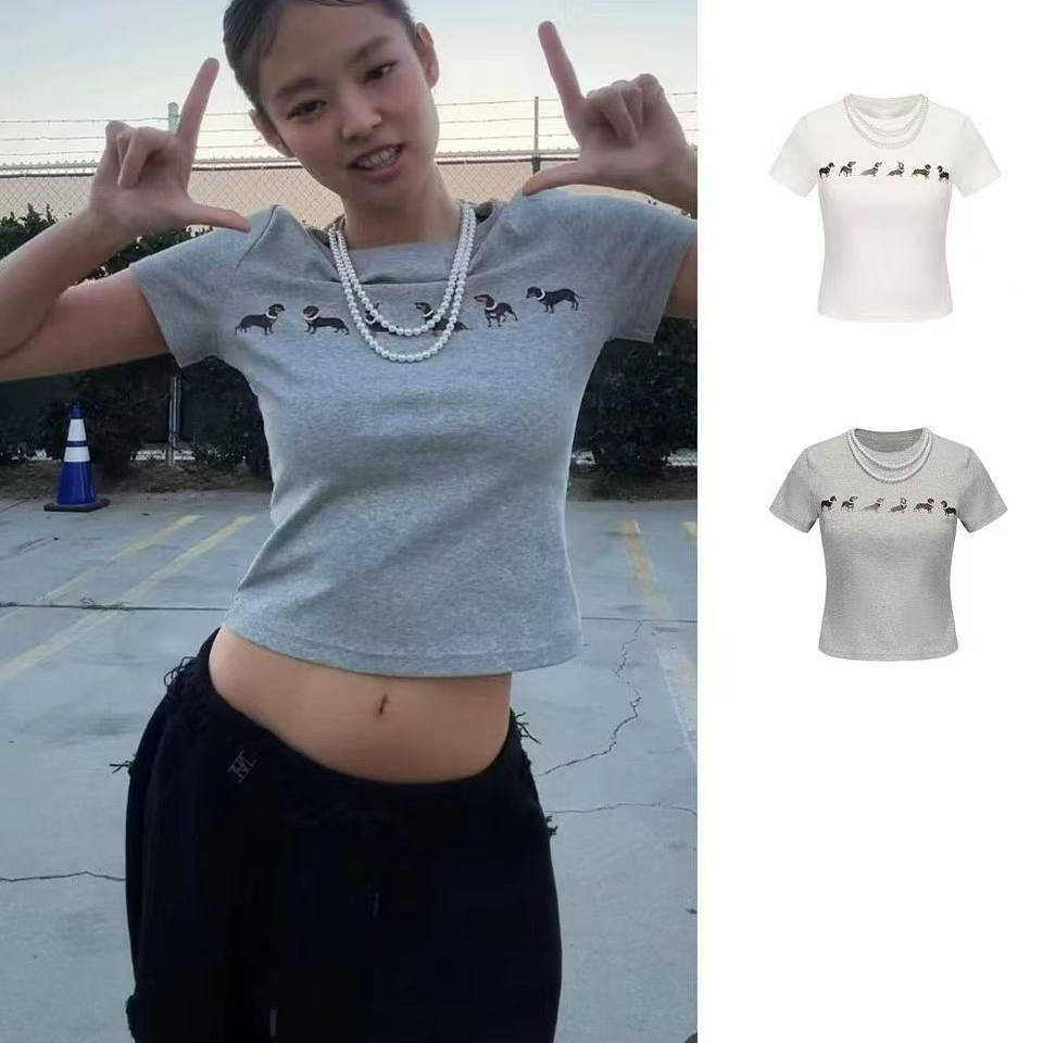 金珍妮同款灰色狗狗印花T恤