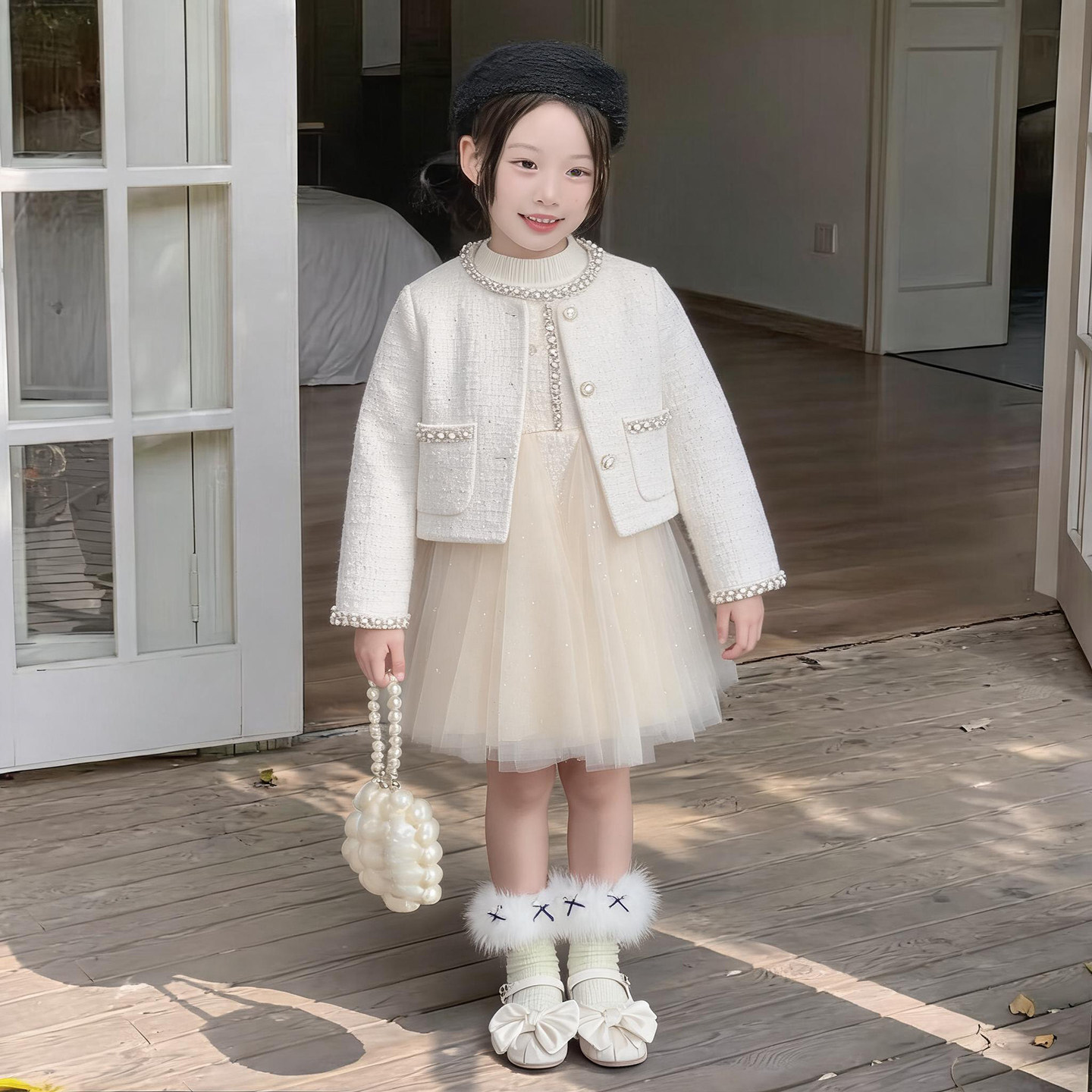 女童小香风套装2026春秋装新款洋气外套小女孩高级感背心裙三件套