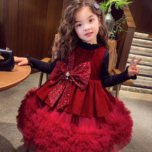女童高档公主裙冬装 儿童丝绒礼服裙女孩红色连衣裙两件套 2025新款