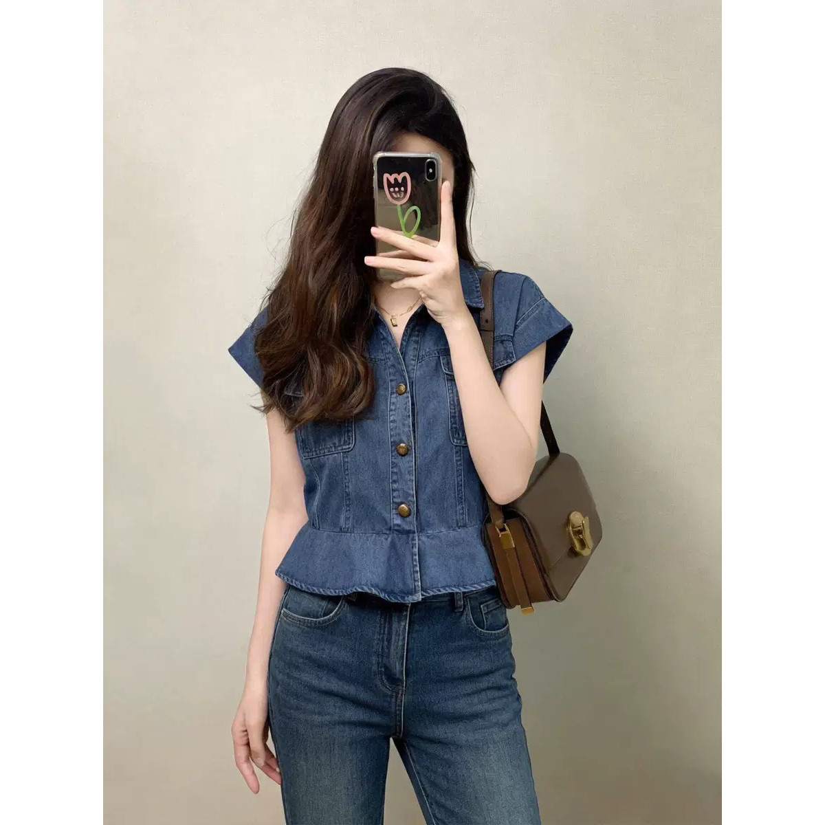 蓝色牛仔收腰衬衫女款夏装202时尚防晒服