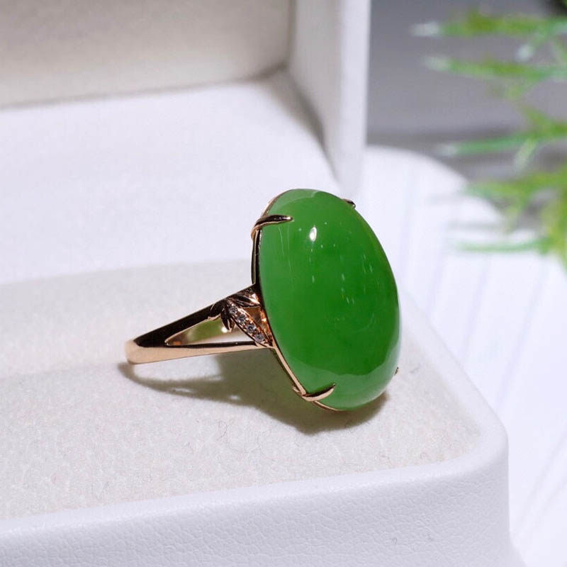 双十二圣诞正宗和田玉戒指女苹果绿碧玉蛋面镶18k金指环a货送女友