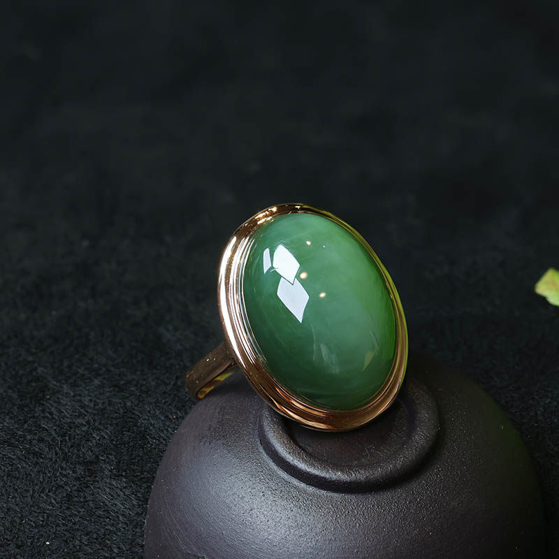 38女神节礼物天然和田玉戒指a绿猫眼碧玉蛋面镶18k金指环简约送妈