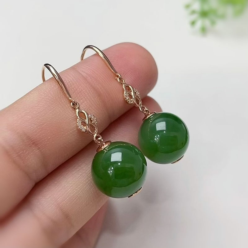 春夏季天然和田玉耳坠女正宗菠菜绿碧玉圆珠镶18k金耳环a货送女友