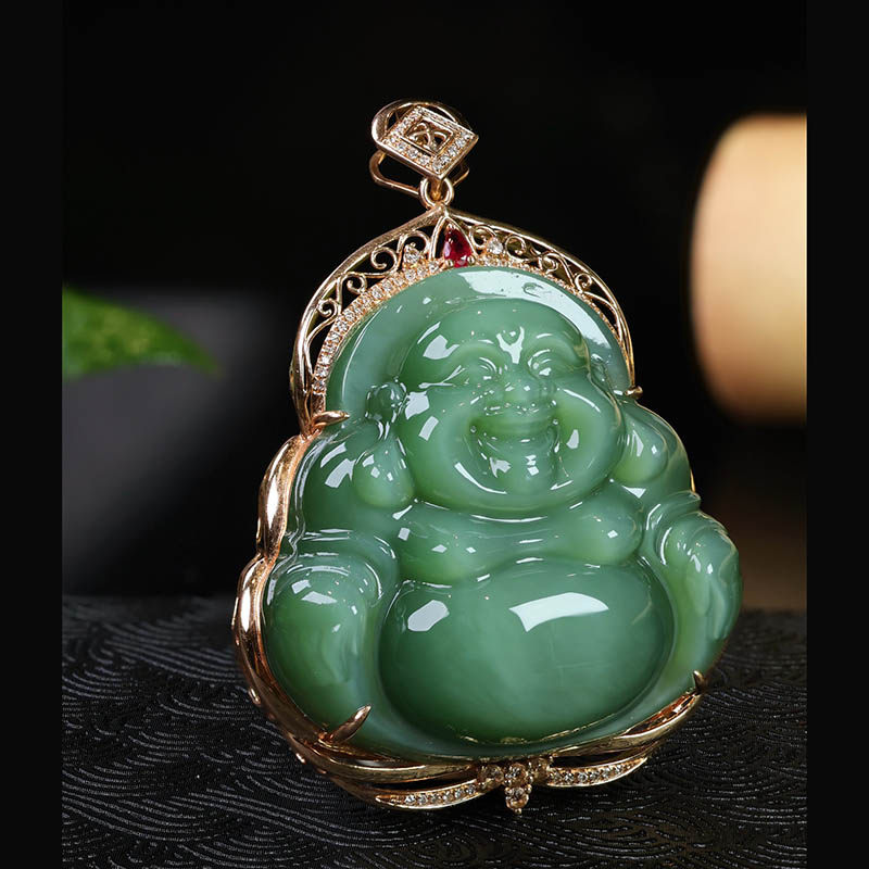 年货节礼物天然和田玉吊坠女a冰猫眼碧玉弥勒佛镶18k金挂件送领导