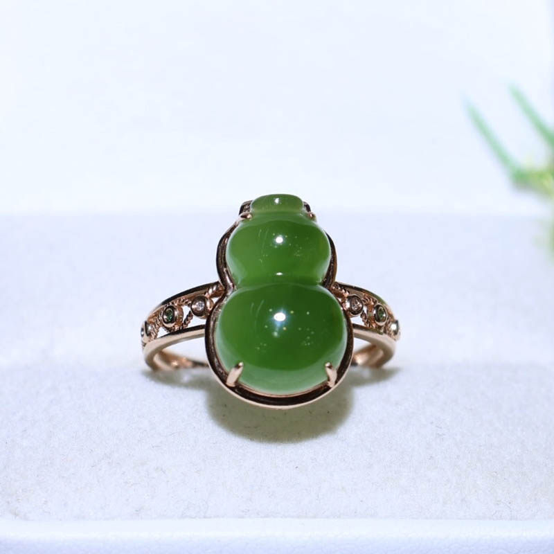 中秋礼物天然和田玉戒指女a老坑菠菜绿碧玉葫芦镶18k金指环送妈妈