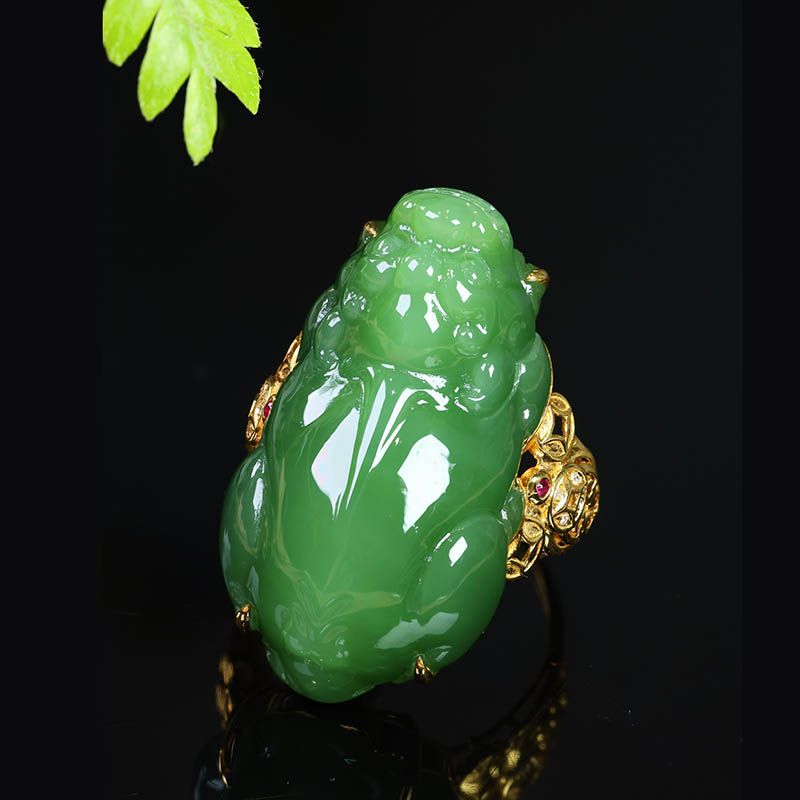 618新品天然和田玉戒指女猫眼碧玉貔貅镶18k金指环招财送老婆礼物