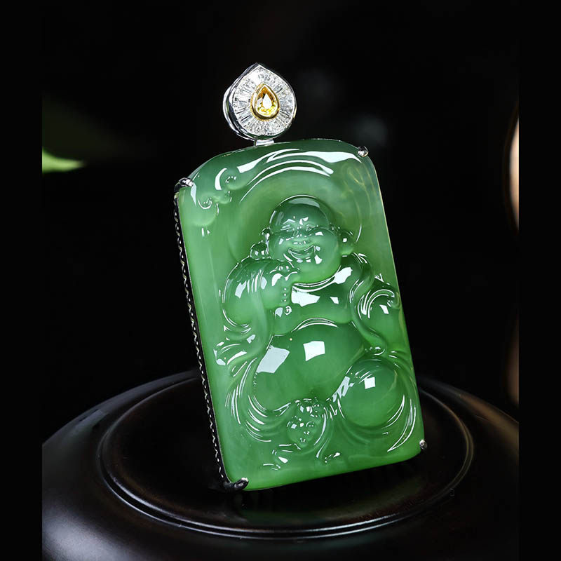 年货节特惠天然和田玉吊坠女a猫眼碧玉弥勒佛镶18k金挂件玉牌送妈