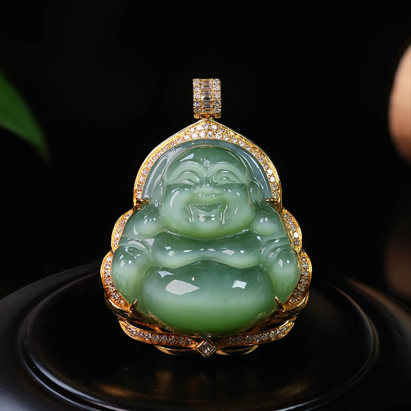 双十二特惠天然和田玉笑佛吊坠女a货猫眼碧玉弥勒佛镶嵌18k金挂件