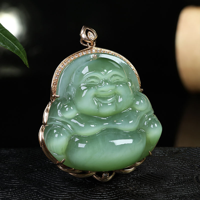 五一礼物天然新疆和田玉吊坠a正宗猫眼碧玉笑佛镶18k金挂件送女友