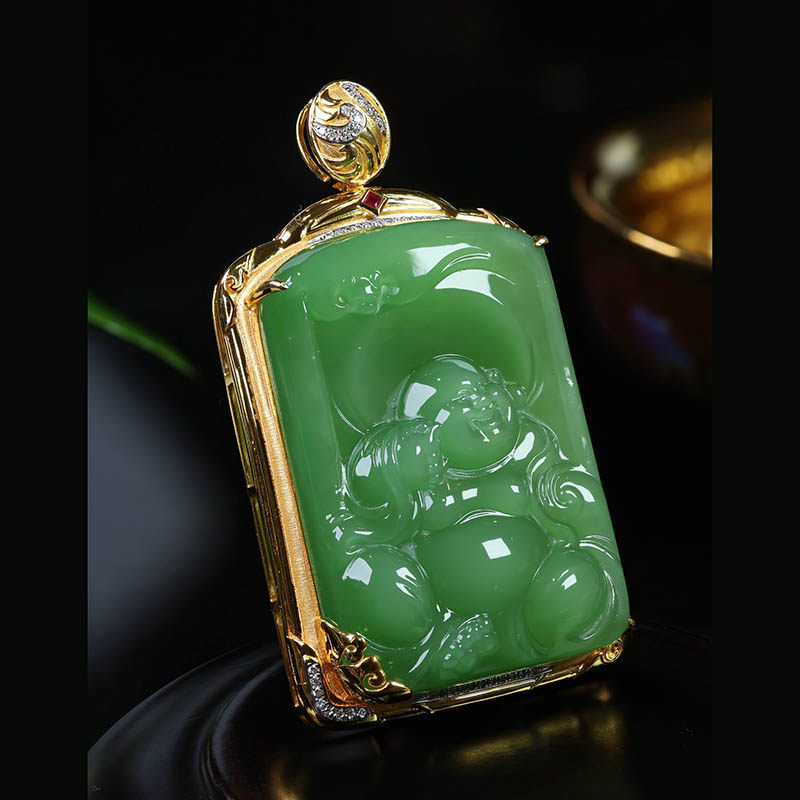 焕新季天然和田玉逍遥佛吊坠女猫眼碧玉弥勒佛镶18k金挂件送妈妈