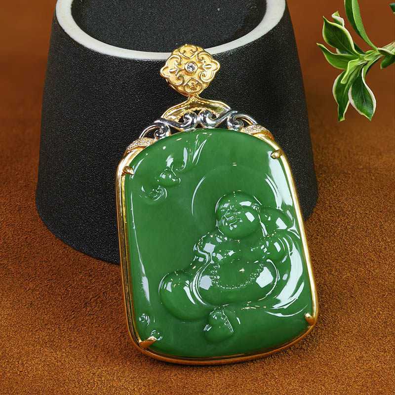 秋冬礼天然和田玉笑佛吊坠女a货菠菜绿碧玉弥勒佛镶18k金挂件送妈