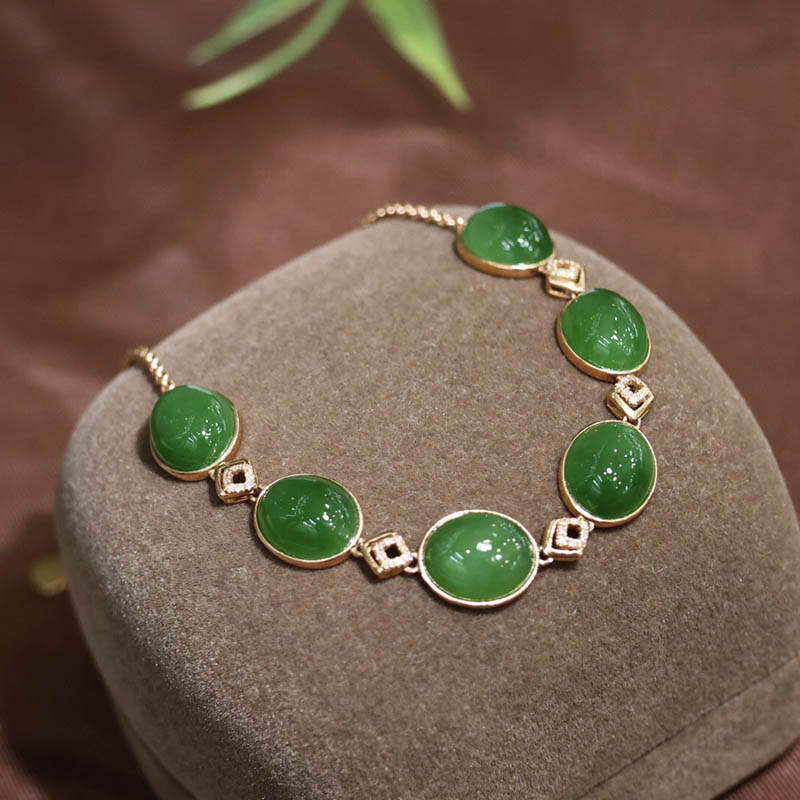 双十一促销和田玉手链女a简约设计菠菜绿碧玉蛋面镶18k金手串送妈