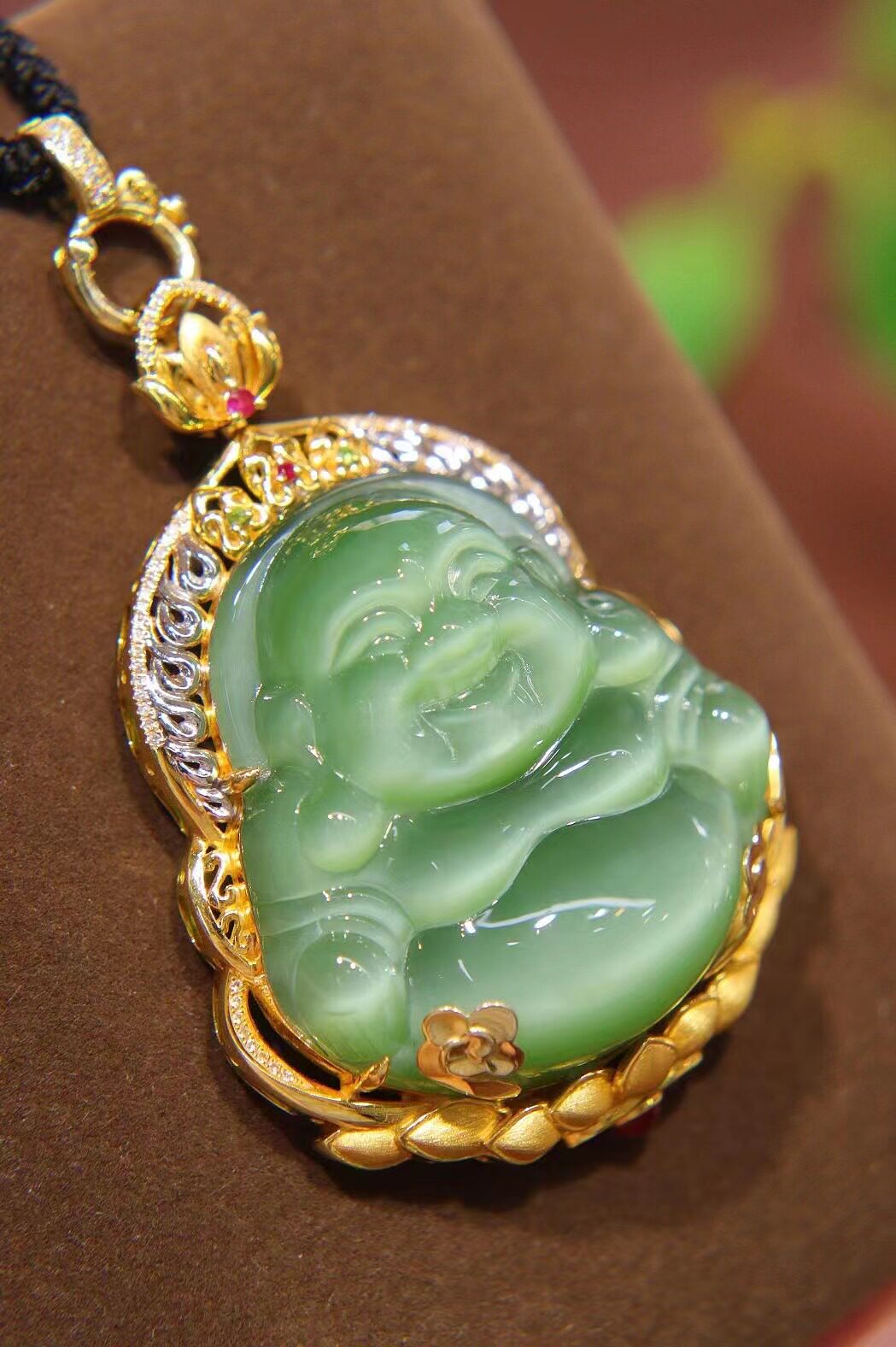 24年货礼品天然和田玉笑佛吊坠女 冰种猫眼碧玉弥勒佛镶18k金挂件