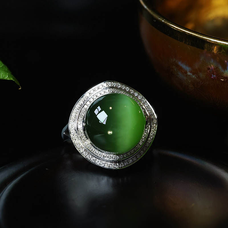 春夏季天然和田玉指环女a豪华绿猫眼碧玉圆珠镶嵌18k金戒指送领导