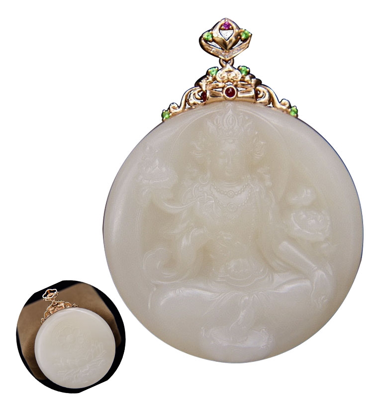 双十一特惠天然和田玉吊坠女 藕粉白玉度母镶嵌18k金挂件送妈妈礼