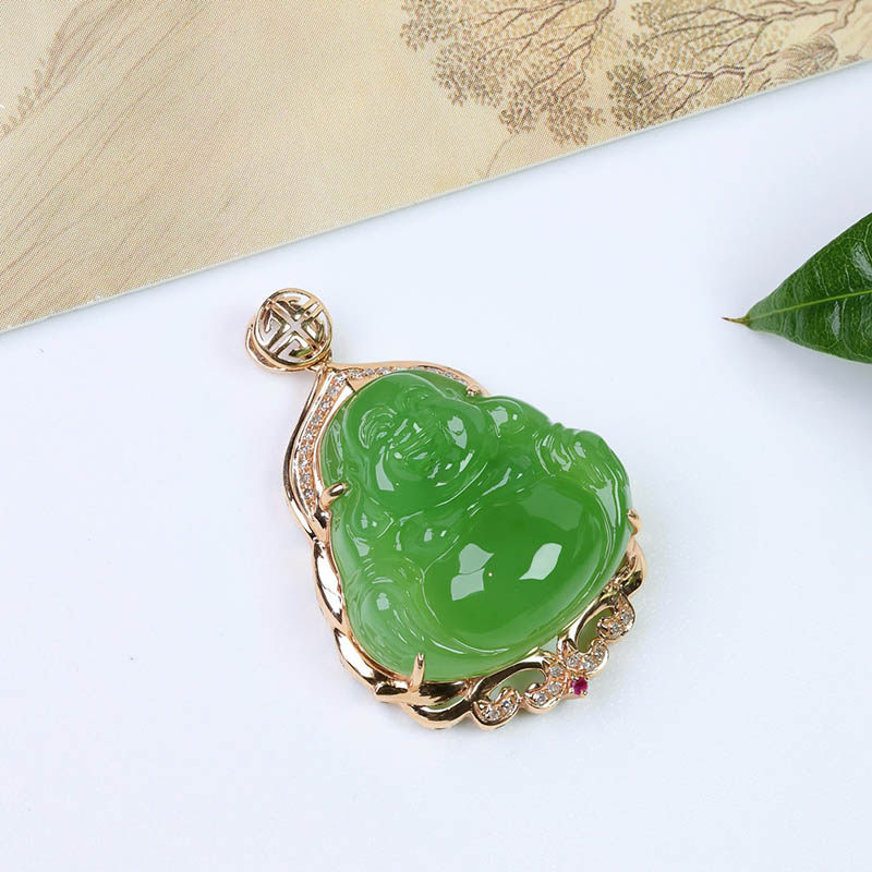 年货节礼天然和田玉弥勒佛吊坠a苹果绿碧玉佛公镶18k金挂件送女友