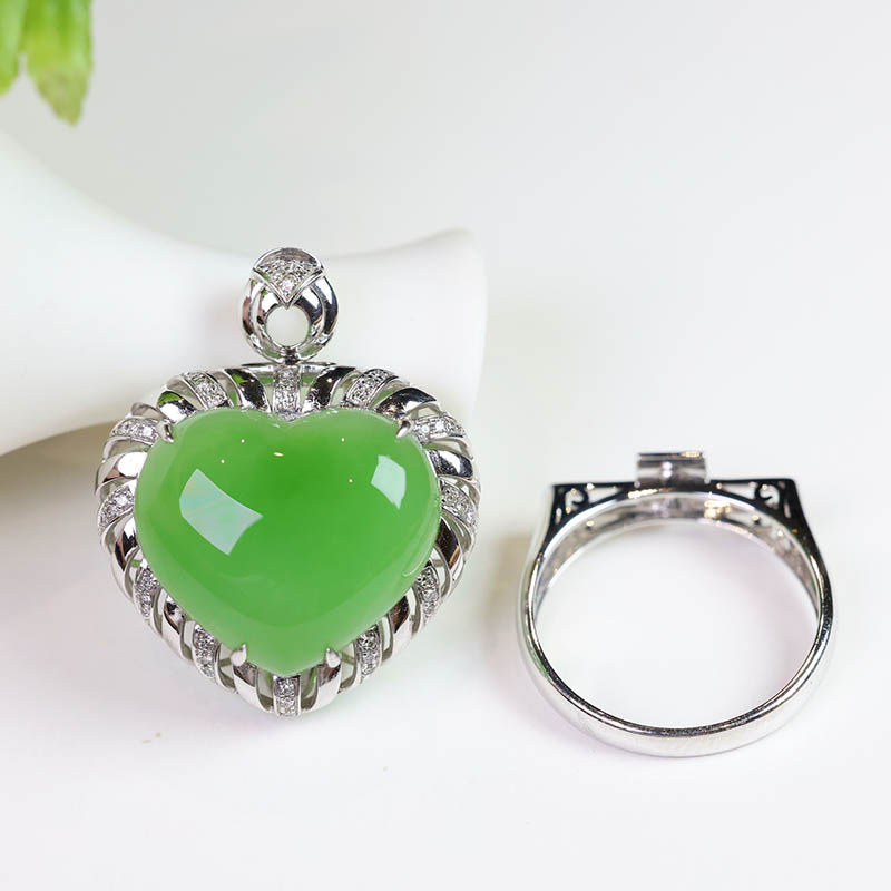 双十一天然新疆和田玉吊坠女a苹果绿碧玉爱心镶18k金戒指挂件两用