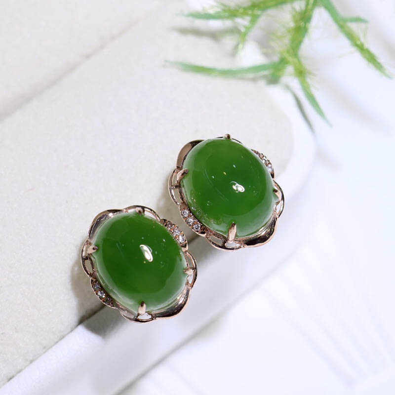 七夕新疆和田碧玉苹果绿耳钉18k金简单百搭金镶玉a货耳饰气质耳环