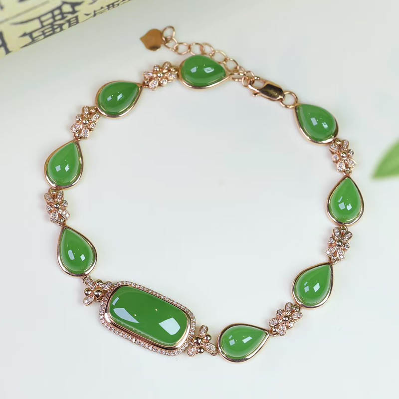 双十一和田玉手链女苹果绿碧玉方形+水滴镶18k金手串高档豪华设计