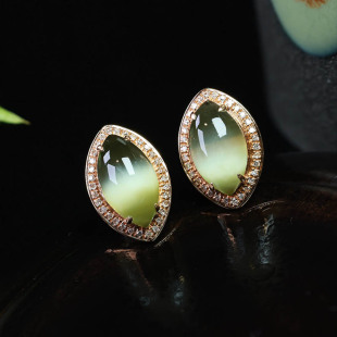 焕新季天然新疆和田玉耳钉女满钻猫眼碧玉马眼镶18k金耳饰a送领导