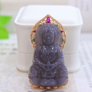 烟紫白玉观音镶18k金挂件送领导妈妈 年货节礼物新疆和田玉吊坠女
