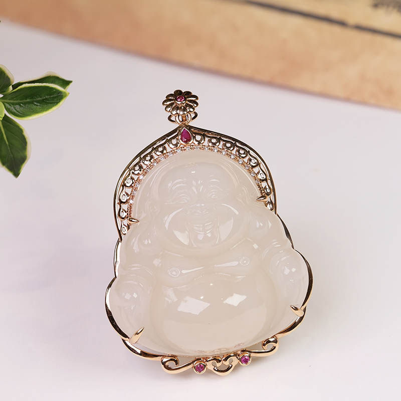 38焕新季天然和田玉佛公吊坠女a藕粉白玉弥勒佛镶18k金挂件送妈妈