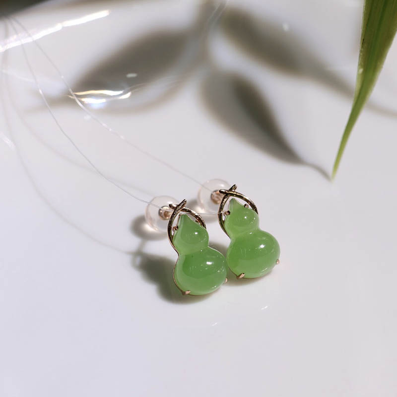 双十一特惠天然和田玉耳环女a货苹果绿碧玉葫芦镶18k金耳坠送老婆