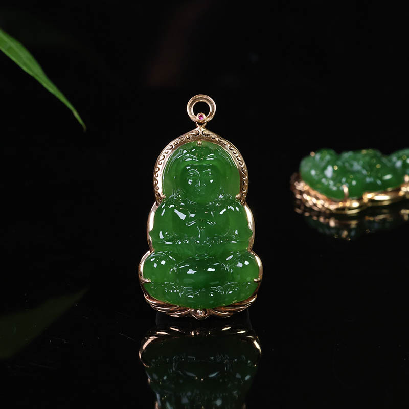 双十二新疆和田玉吊坠男女a菠菜绿碧玉观音镶18k金挂件送长辈生日