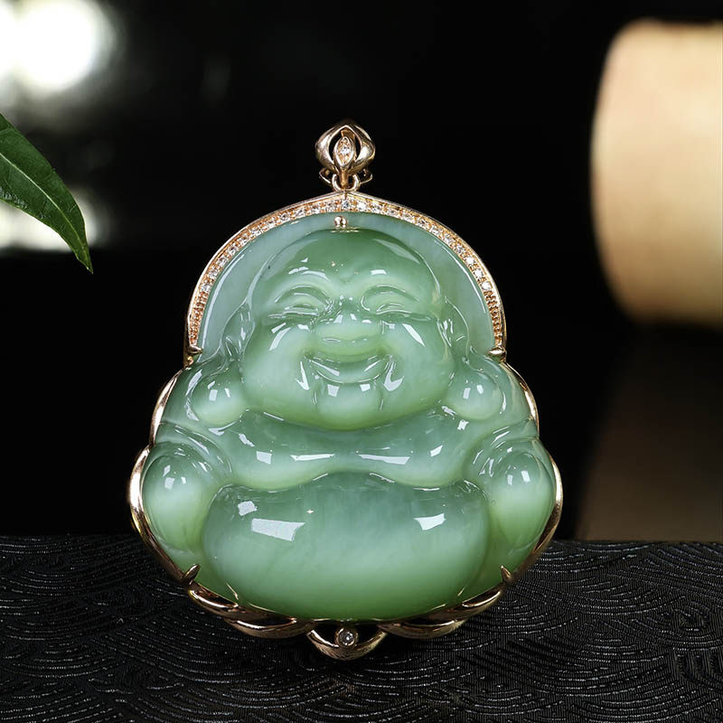 春节不打烊天然和田玉弥勒佛吊坠女a冰种猫眼碧玉笑佛镶18k金挂件