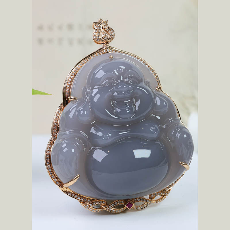 春节不打烊天然和田玉吊坠女a货烟紫白玉弥勒佛镶18k金挂件送妈妈