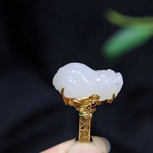 618特惠天然新疆和田玉白玉招财貔貅镶嵌18k黄金戒指男女玉指环