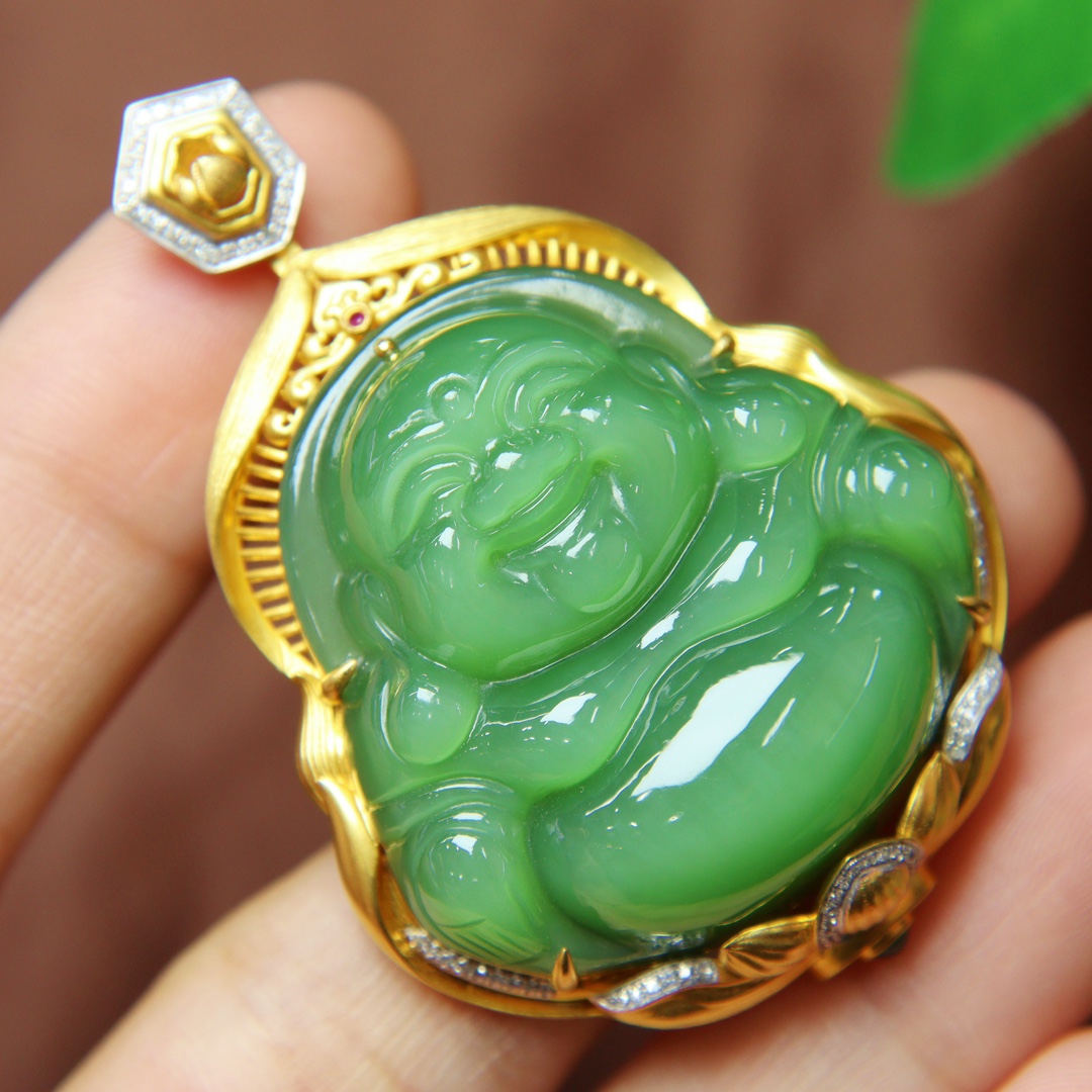 焕新降天然和田玉弥勒佛吊坠女猫眼碧玉笑佛镶嵌18k金挂件送老婆