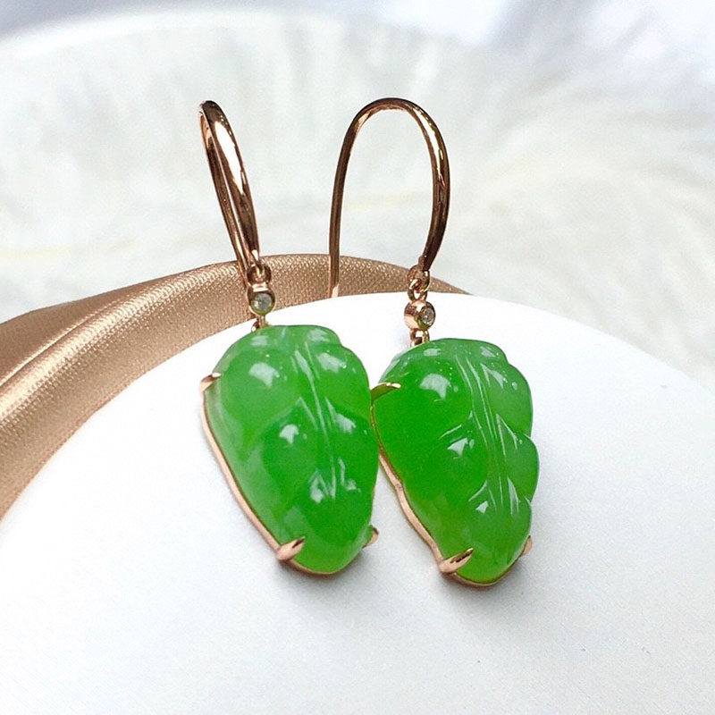 五一礼物天然和田玉耳坠勾女a货苹果绿碧玉叶子镶18k金耳环送闺蜜