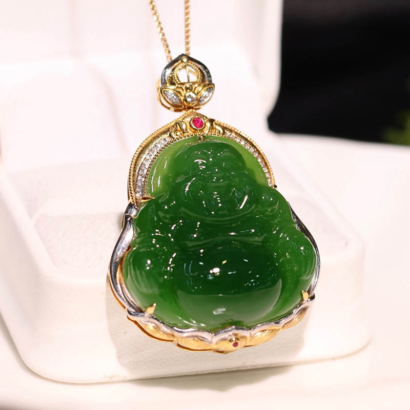双十一天然和田玉弥勒佛吊坠女a菠菜绿碧玉笑佛镶18k金挂件送妈妈