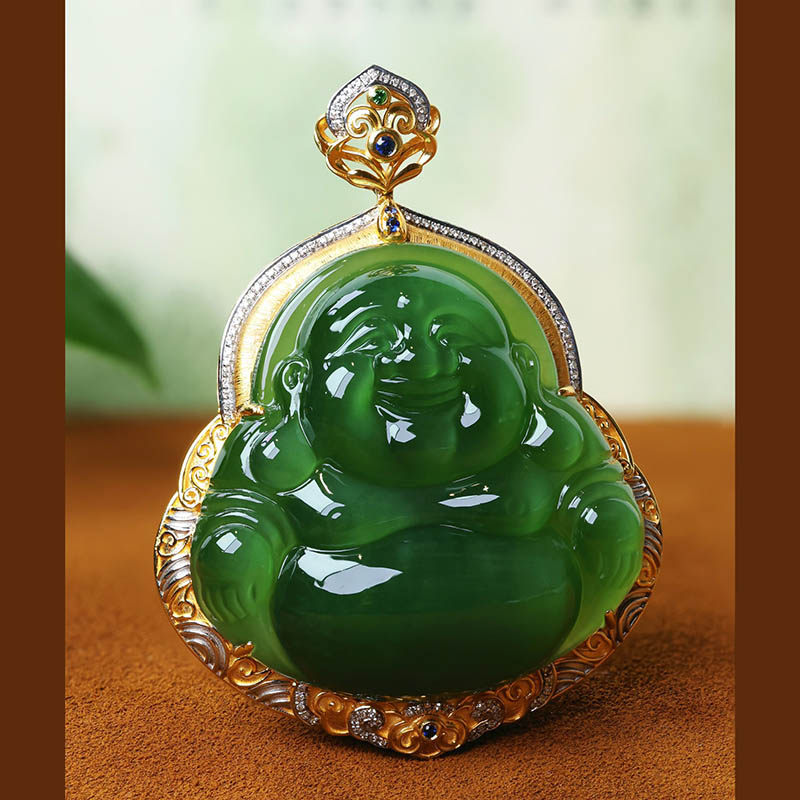 元旦礼物新疆和田玉吊坠女a货冰猫眼碧玉弥勒佛镶18k金挂件送长辈
