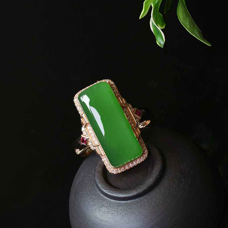 年货节礼物天然和田玉戒指女猫眼碧玉方形镶嵌18k金指环a货送老婆