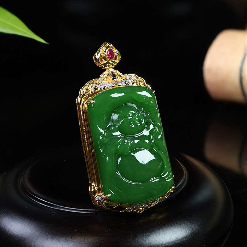 双十二天然新疆和田玉吊坠女a冰底老俄料碧玉笑佛镶18k金挂件送妈