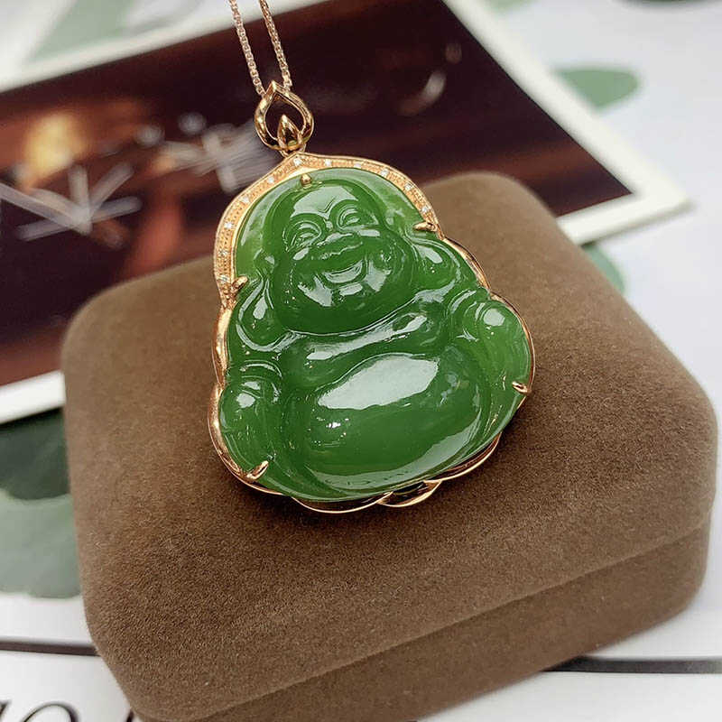 七夕礼品天然和田碧玉弥勒佛挂件镶18k金笑佛吊坠女挂坠a玉石项链