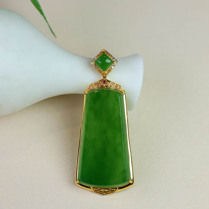 中秋礼物天然和田玉吊坠女菠菜绿碧玉无事牌镶18k金挂件a货送妈妈