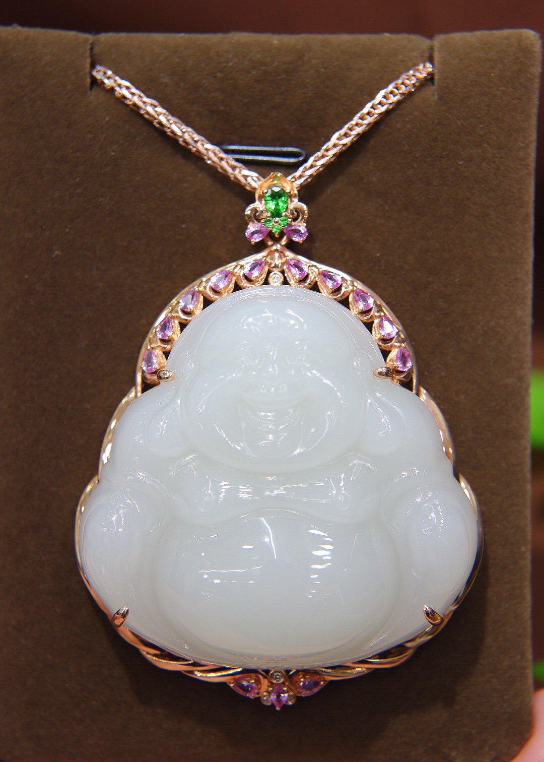 女王节天然和田玉弥勒佛吊坠女 羊脂白玉笑佛镶嵌18k金挂件送妈妈