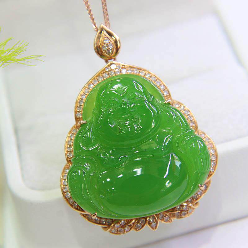 情人节礼物天然和田玉吊坠女满钻苹果绿碧玉弥勒佛笑佛镶18k金a货