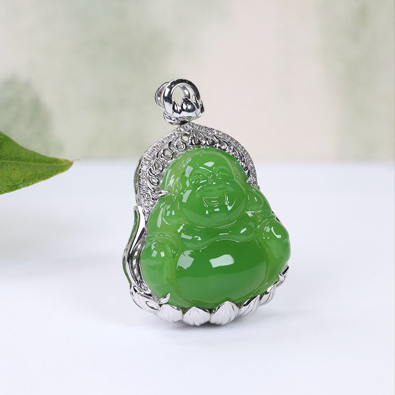 春夏季天然和田玉吊坠女a货苹果绿碧玉笑佛镶18k金挂件封底送妈妈