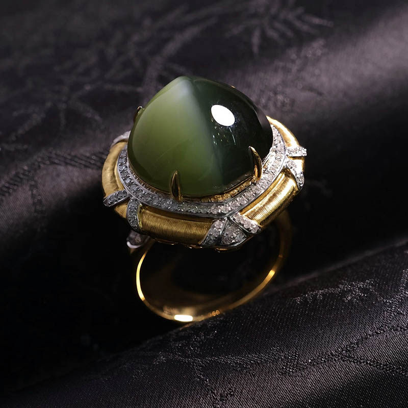 焕新季天然和田玉戒指a满钻黑猫眼碧玉圆面镶18k金指环吊坠两用款