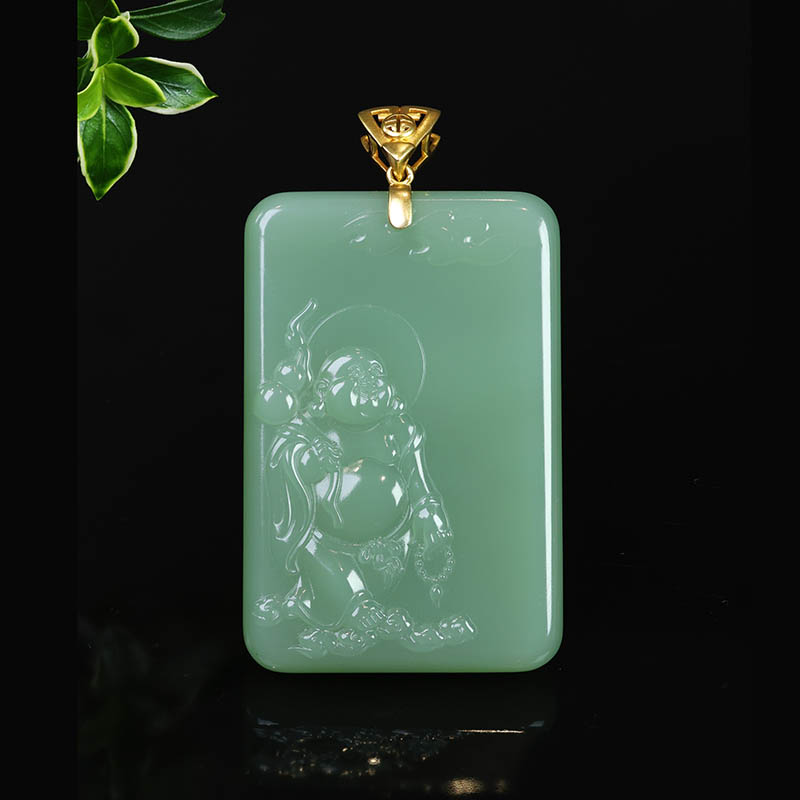 中秋礼物天然和田玉吊坠女粉青碧玉弥勒佛镶嵌18k金挂件a货送妈妈