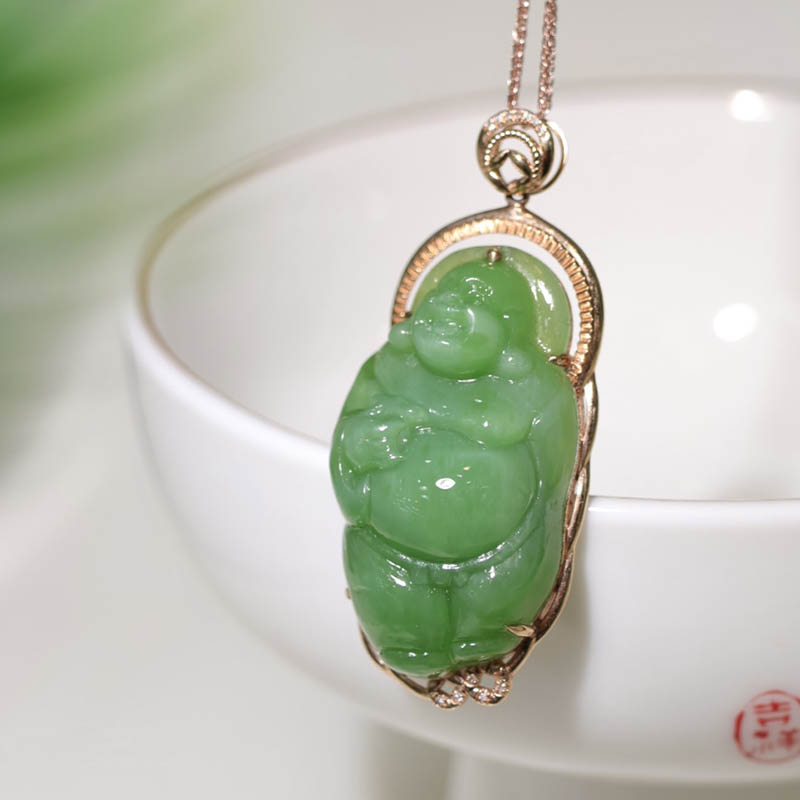 双十二天然和田玉弥勒佛吊坠女a绿猫眼碧玉笑佛镶嵌18k金挂件送妈
