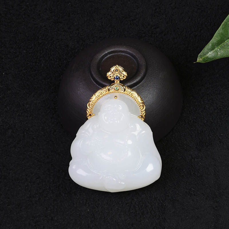 双十二天然和田玉佛公吊坠女a羊脂白玉弥勒佛镶嵌18k金挂件送妈妈