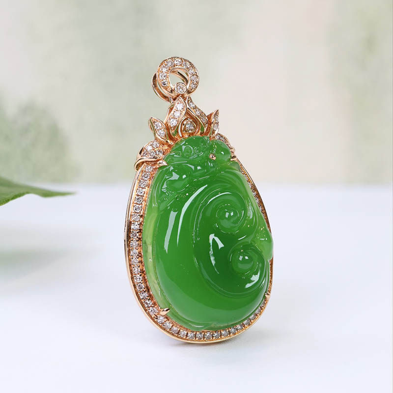 春季焕新季天然和田玉吊坠女满钻苹果绿碧玉如意镶嵌18k金挂件a货
