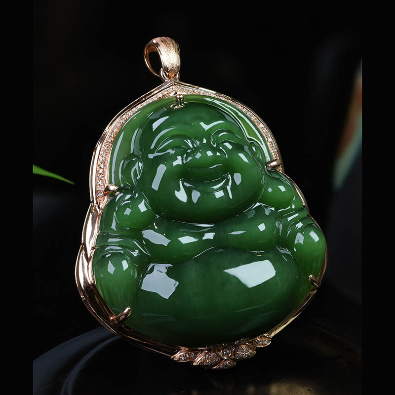 焕新季天然和田玉大佛公吊坠女a正宗菠菜绿碧玉弥勒佛镶18k金挂件