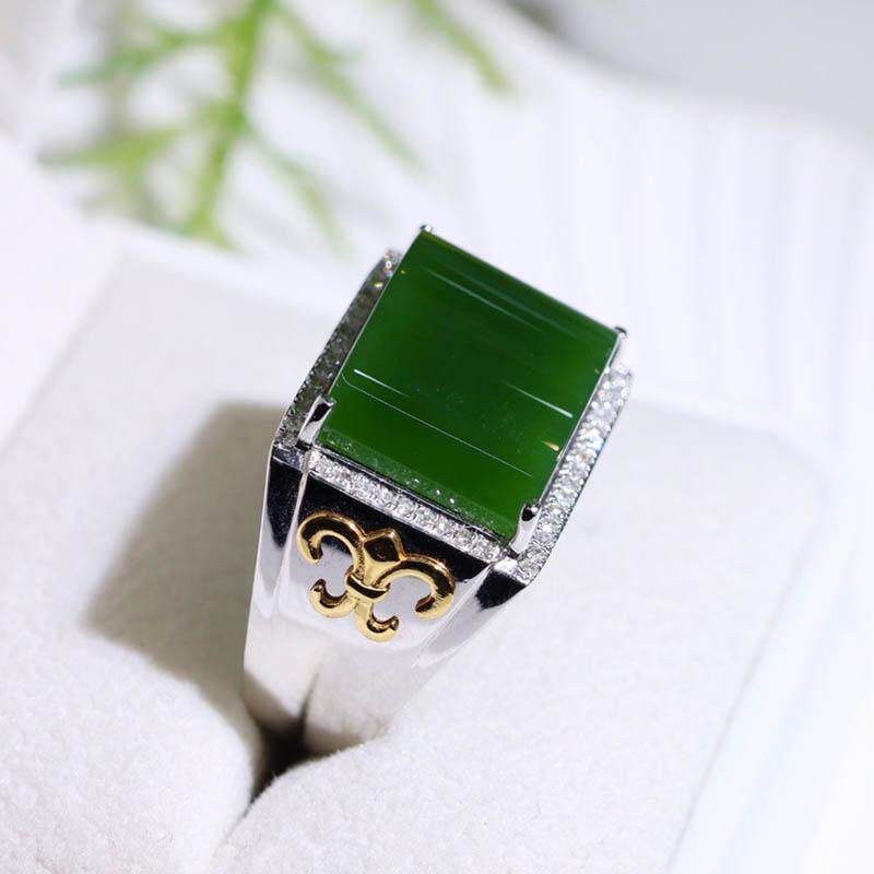 双十一特惠天然和田玉戒指男a正宗菠菜绿碧玉马鞍镶18k金指环封底